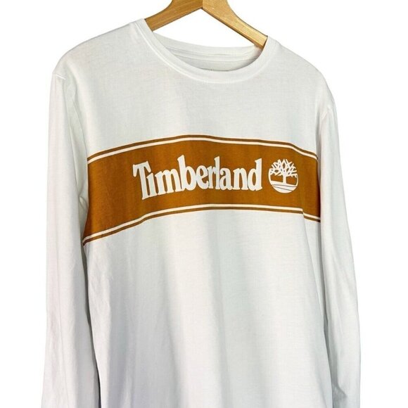 Timberland  Mens Sz M White Long Sleeve Spell Out Graphic Pullover Tee Shirt - Picture 2 of 9